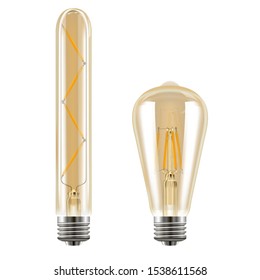 Edison bulb. Vintage lightbulb set. Electricity retro lamp illustration. Realistic transparent filament with bright yellow glow. Antique luminous decoration. Decorative flash for ceiling