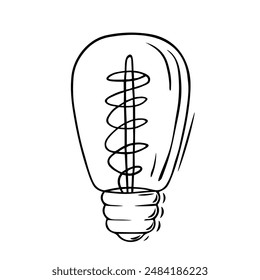 Bombilla Edison en estilo retro, dibujada linealmente. Imagen de Vector aislado sobre fondo blanco. Bombillas incandescentes de vidrio.