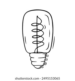 Bombilla Edison en estilo retro, dibujada linealmente. Imagen de Vector aislado sobre fondo blanco. Bombillas incandescentes de vidrio.