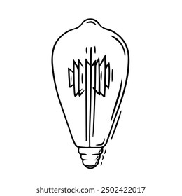 Bombilla Edison en estilo retro, dibujada linealmente. Imagen de Vector aislada sobre fondo blanco. Bombillas incandescentes de vidrio.