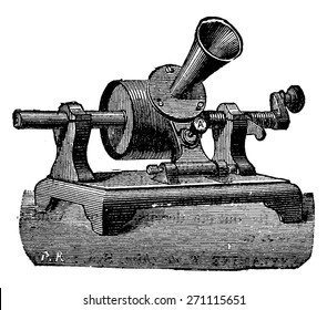 Edison phonograph, vintage engraved illustration. Industrial encyclopedia E.-O. Lami - 1875.