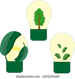 Edison's light bulb with tree and green leaves inside. Green electric concept. Marketing material. Fresh air.