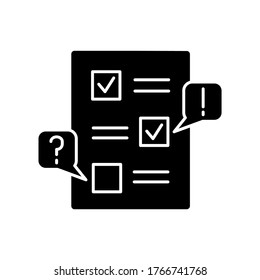Bearbeiten Sie das Symbol für eine schwarze Glyphe. Checkliste für Entwurf. Untersuchen Sie den Papierkram auf Fehler. Schreiben und korrigieren Sie die Liste. Falsche Arbeit. Überprüfung der Produktivität. Silhouette-Symbol auf weißem Raum. Vektorgrafik einzeln