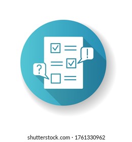 Edit blue flat design long shadow glyph icon. Checklist for draft. Examine paperwork for errors. Write list. Incorrect work. Mark message. Grammar correction. Silhouette RGB color illustration