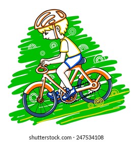 Edit boy on a bicycle color vector drawing. Healthy lifestyle background.