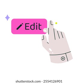 Edit Button With Hand Gesture In Flat Vector Illustration Symbolizing Editing Actions, User Interface Interaction, And Digital Content Management, Isolated On White Background