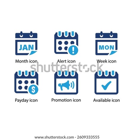 Edit calendar, Reschedule, Yesterday, Payday, Promotion, Available, Blue Icon Set