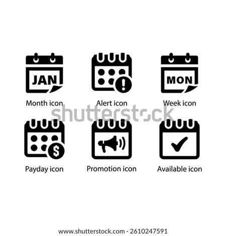 Edit calendar, Reschedule, Yesterday, Payday, Promotion, Available, Black icon Set