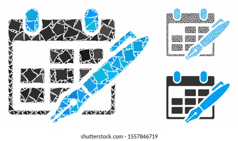 Edit calendar table composition of bumpy items in different sizes and color tints, based on edit calendar table icon. Vector bumpy pieces are organized into collage.