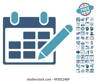 Edit Calendar Table icon with bonus calendar and time management graphic icons. Vector illustration style is flat iconic bicolor symbols, cyan and blue colors, white background.