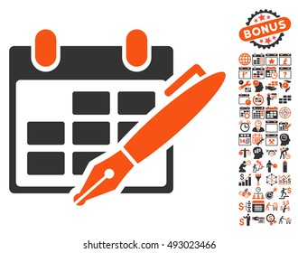 Edit Calendar Table icon with bonus calendar and time management pictograph collection. Vector illustration style is flat iconic bicolor symbols, orange and gray colors, white background.