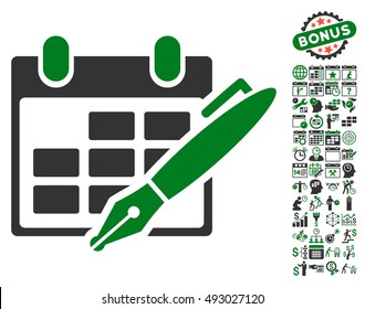 Edit Calendar Table icon with bonus calendar and time management pictograph collection. Vector illustration style is flat iconic bicolor symbols, green and gray colors, white background.