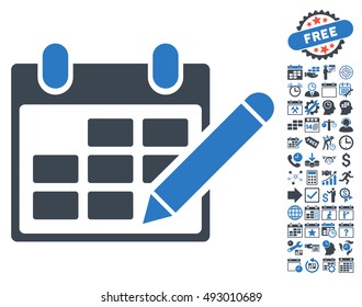 Edit Calendar Table pictograph with bonus calendar and time management clip art. Vector illustration style is flat iconic bicolor symbols, smooth blue colors, white background.