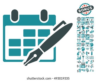 Edit Calendar Table pictograph with bonus calendar and time management images. Vector illustration style is flat iconic bicolor symbols, soft blue colors, white background.