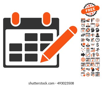 Edit Calendar Table pictograph with bonus calendar and time management pictures. Vector illustration style is flat iconic bicolor symbols, orange and gray colors, white background.