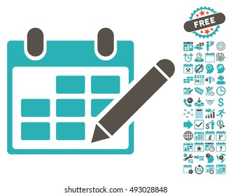 Edit Calendar Table pictograph with bonus calendar and time management design elements. Vector illustration style is flat iconic bicolor symbols, grey and cyan colors, white background.