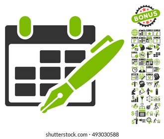 Edit Calendar Table pictograph with bonus calendar and time management pictograph collection. Vector illustration style is flat iconic bicolor symbols, eco green and gray colors, white background.