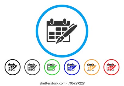 Edit Calendar Table vector rounded icon. Image style is a flat gray icon symbol inside a blue circle. Additional color versions are gray, black, blue, green, red, orange.