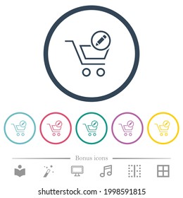 Edit cart items flat color icons in round outlines. 6 bonus icons included.