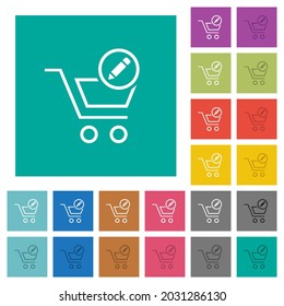 Edit cart items multi colored flat icons on plain square backgrounds. Included white and darker icon variations for hover or active effects.