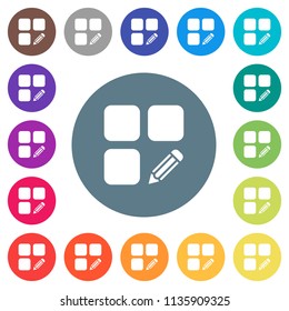 Edit component flat white icons on round color backgrounds. 17 background color variations are included.