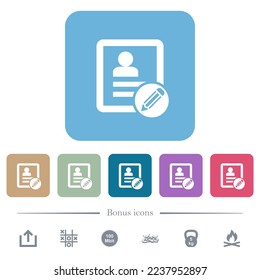 Edit contact white flat icons on color rounded square backgrounds. 6 bonus icons included