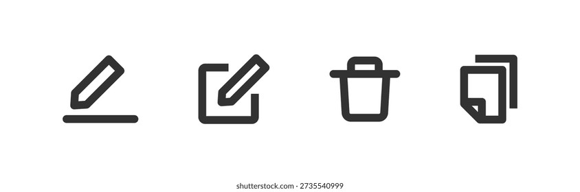 Edit, copy, delete, paste icon set. Document buttons. Write symbol. Editable stroke.