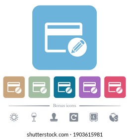 Editar iconos planos blancos de tarjeta de crédito en fondo cuadrado redondeado de color. 6 iconos de bonificación incluidos