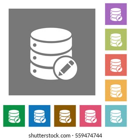 Edit database flat icons on simple color square backgrounds