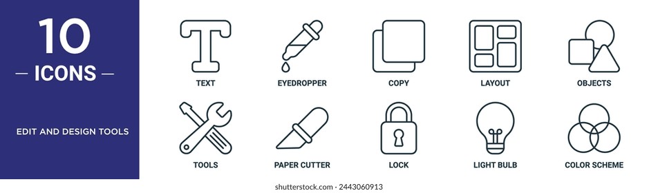 herramientas de edición y diseño el conjunto de iconos de esquema incluye texto de línea fina, cuentagotas, copiar, diseño, objetos, herramientas, iconos de la herramienta de corte de papel para informe, presentación, diagrama, diseño web