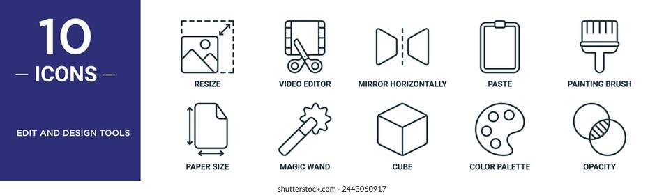 edit and design tools outline icon set includes thin line resize, video editor, mirror horizontally, paste, painting brush, paper size, magic wand icons for report, presentation, diagram, web design