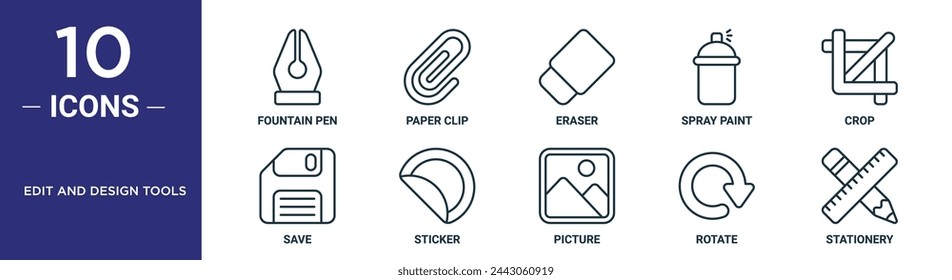el conjunto de iconos de contorno de las herramientas de edición y diseño incluye lápiz fuente de línea fina, clip de papel, borrador, pintura en aerosol, recorte, guardar, iconos de pegatina para informe, presentación, diagrama, diseño web