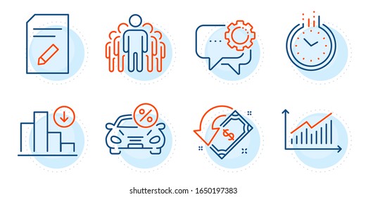 Edit document, Decreasing graph and Group signs. Car leasing, Graph and Time line icons set. Employees messenger, Cashback symbols. Transport discount, Presentation diagram. Technology set. Vector