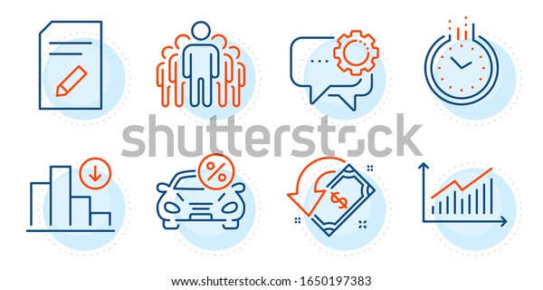 Edit document, Decreasing graph and Group signs.
Car leasing, Graph and Time line icons set. Employees messenger,
Cashback symbols. Transport discount, Presentation diagram.
Technology set. Vector