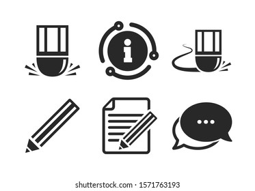 Edit document file. Chat, info sign. Pencil icon. Eraser sign. Correct drawing symbol. Classic style speech bubble icon. Vector