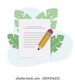Edit document, flat design cartoon vector illustration, document edit pencil, decorated with leaves.