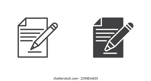 Edit document icon, line and glyph version, outline and filled vector sign. Note paper and pen linear and full pictogram. Symbol, logo illustration. Different style icons set