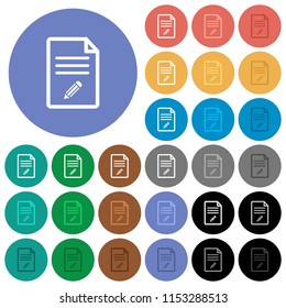 Edit document multi colored flat icons on round backgrounds. Included white, light and dark icon variations for hover and active status effects, and bonus shades on black backgounds.