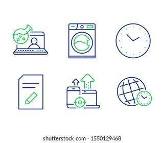 Edit document, Online chemistry and Time line icons set. Washing machine, Seo devices and Time zone signs. Page with pencil, Lab flask, Clock. Laundry service. Technology set. Vector