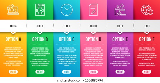 Edit document, Online chemistry and Time line icons set. Infographic timeline. Washing machine, Seo devices and Time zone signs. Page with pencil, Lab flask, Clock. Laundry service. Vector
