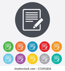 Edit document sign icon. Edit content button. Round colourful 11 buttons. Vector