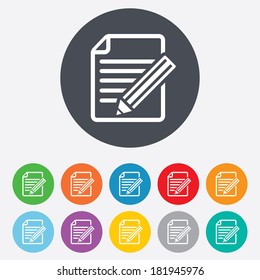 Edit document sign icon. Edit content button. Round colourful 11 buttons. Vector