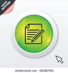 Edit document sign icon. Edit content button. Green shiny button. Modern UI website button with mouse cursor pointer. Vector