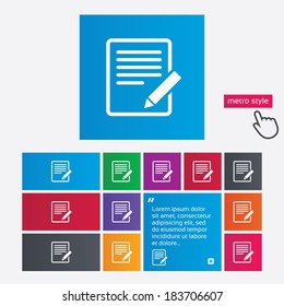 Edit document sign icon. Edit content button. Metro style buttons. Modern interface website buttons with hand cursor pointer. Vector