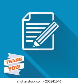 Edit Document Sign Icon. Edit Content Button. White Flat Icon With Long Shadow. Paper Ribbon Label With Thank You Text. Vector
