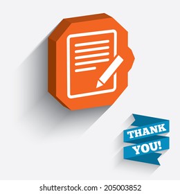 Edit document sign icon. Edit content button. White icon on orange 3D piece of wall. Carved in stone with long flat shadow. Vector