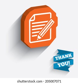 Edit document sign icon. Edit content button. White icon on orange 3D piece of wall. Carved in stone with long flat shadow. Vector