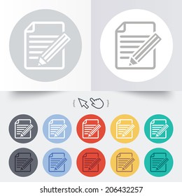 Edit document sign icon. Edit content button. Round 12 circle buttons. Shadow. Hand cursor pointer. Vector