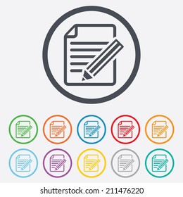 Edit document sign icon. Edit content button. Round circle buttons with frame. Vector