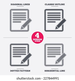 Edit document sign icon. Edit content button. Diagonal and horizontal lines, classic outline, dotted texture. Pattern design icons.  Vector